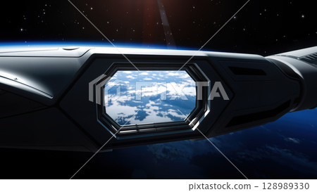 Futuristic spaceship window view of earth from orbit 128989330