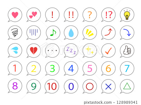 Set of colorful speech bubble icons and symbols | Speech bubble, light bulb, Zzz, exclamation mark, like, triangle Set of colorful speech bubble icons and symbols | Speech bubble, light bulb, Zzz, exclamation mark, like, triangle 128989341