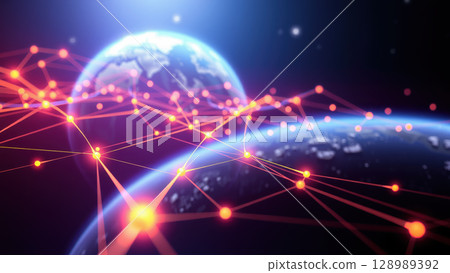 Glowing network of red lines and nodes over earth in space Glowing network of red lines and nodes over earth in space 128989392