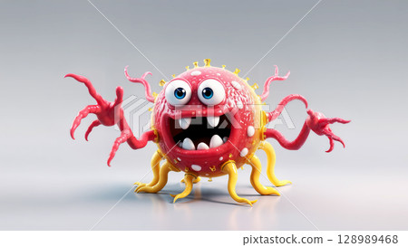 Colorful cartoon blob character with tentacles and big eyes on gray background 128989468