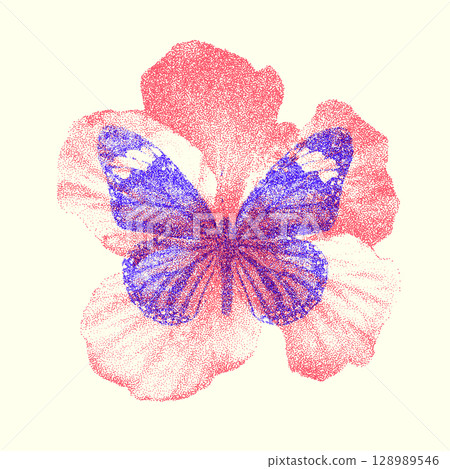 Risograph Print with Flower and Butterfly 128989546
