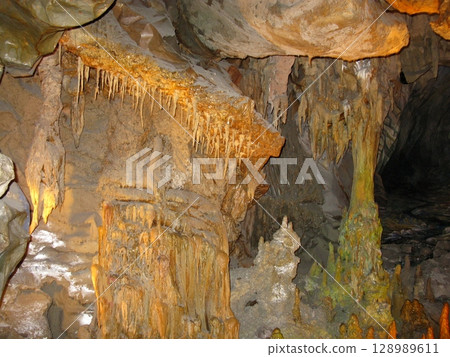 A dimly lit cave interior with jagged stalactites and stalagmites in earthy tones, showcasing a natural geological formation underground 128989611