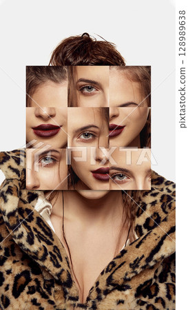Contemporary collage of woman face assembled from cutout fragments with intense eye contact 128989638