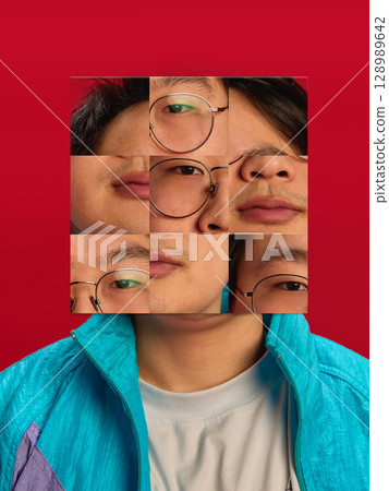 Digital collage of Asian male face split into mismatched squares on red background Digital collage of Asian male face split into mismatched squares on red background 128989642