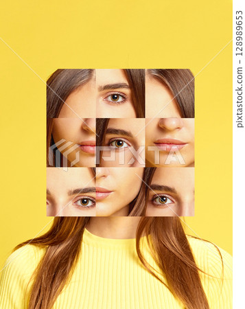 Creative collage of young woman face built from smiling and serious fragments on yellow background 128989653