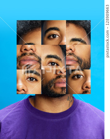 Creative composition of male face built from multiple eyes and noses on cyan background 128989663