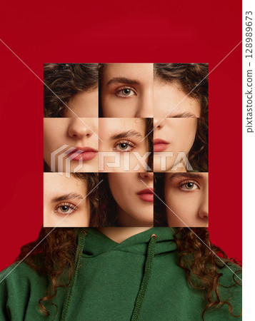 Surreal collage of fragmented female face in green hoodie on red background 128989673
