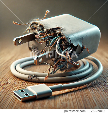 The charger is broken and the contents are visible The charger is broken and the contents are visible 128989816