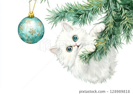 A Persian kitten grabs a Christmas tree toy on a branch A Persian kitten grabs a Christmas tree toy on a branch 128989818
