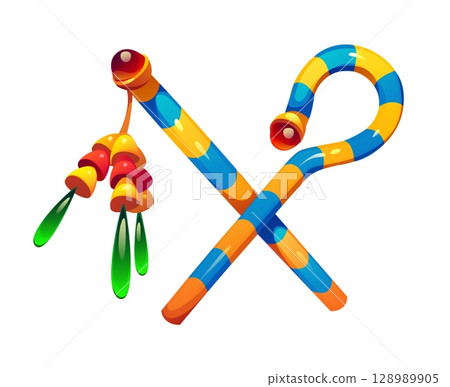 Ancient Egyptian game icon featuring crossed colorful crooks adorned with hanging ornaments. Vector symbol of royalty, treasure, asset or divine authority in historical or mythology themed games 128989905