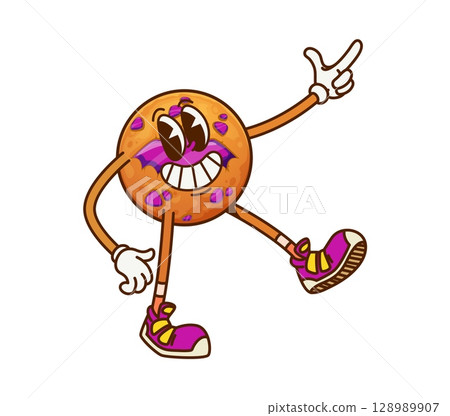 Cartoon groovy Halloween gingerbread cookie character. Vector funny sweet dessert with cute smiling face and retro sneakers flashing finger gun gesture. Baked confection for kids trick or treat party 128989907