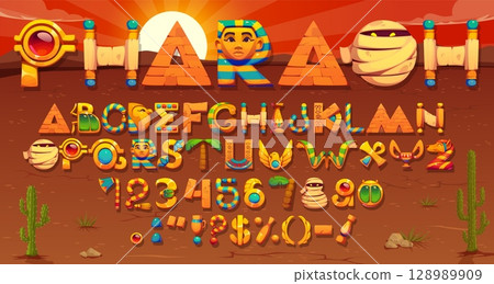 Ancient Egyptian font or pharaoh typeface and cartoon mythology type, vector arcade game alphabet. Ancient Egypt font letters of pharaoh pyramid and mummy with scarab and papyrus hieroglyphs typeface Ancient Egyptian font or pharaoh typeface and cartoon mythology type, vector arcade game alphabet. Ancient Egypt font letters of pharaoh pyramid and mummy with scarab and papyrus hieroglyphs typeface 128989909