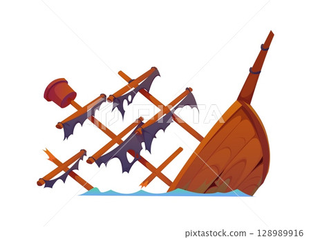 Pirate treasure island constructor of sunken ship of corsair sailboat, cartoon vector. Kids game constructor element of pirate Caribbean adventure, boat or corsair shipwreck sunken in sea or ocean 128989916