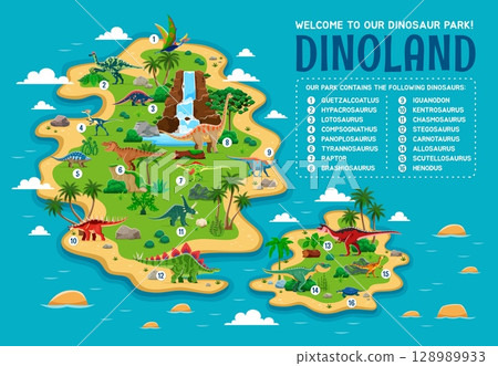 Dino park island map for prehistoric museum or kids paleontology game, vector infographics. Jurassic dinosaurs park island map with prehistoric lizards, reptiles and dino animals species information 128989933