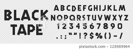 Realistic black sticky tape font, adhesive duct tape type alphabet letters, paper scotch typeface. Vector masking or duct sticky tape letters and numbers with wrinkled texture. Sticker font alphabet Realistic black sticky tape font, adhesive duct tape type alphabet letters, paper scotch typeface. Vector masking or duct sticky tape letters and numbers with wrinkled texture. Sticker font alphabet 128989964