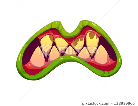 Halloween scary monster jaw with clenched teeth. Scary beast or creepy monster isolated cartoon vector jaw sharp fangs, horror creature, evil reptile animal roaring maw with green lips and dirty teeth Halloween scary monster jaw with clenched teeth. Scary beast or creepy monster isolated cartoon vector jaw sharp fangs, horror creature, evil reptile animal roaring maw with green lips and dirty teeth 128989966