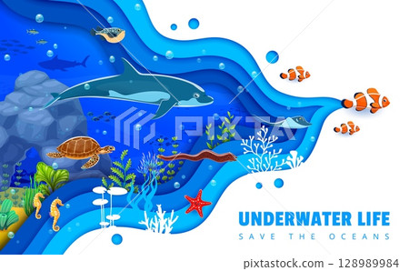 Paper cut cartoon sea underwater landscape with funny dolphin, turtle and ocean animals, vector banner. Coral reef fishes, seahorses and starfish with seaweeds in paper cut waves of sea landscape 128989984