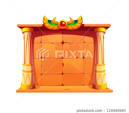 Ancient Egyptian stone wall, Egypt game icon, treasure quiz asset. Cartoon vector puzzle altar, gui vintage symbol, texture, past civilization construction with pillars, deity or pharaoh monument 128989985