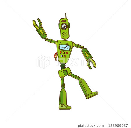 Cartoon groovy robot character with green body and one big eye. Vector comic dancing y2k droid with antenna, control panel and jointed arms. Funny retro personage in motion with vintage hippie vibe 128989987
