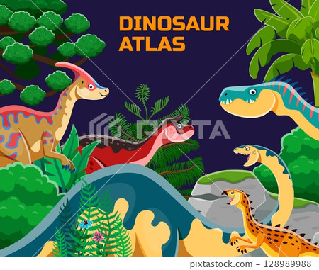 Dinosaur reptiles atlas book cover or poster with prehistoric dino characters at jungle landscape. Cartoon vector storybook with ancient creature species in lush green environment with tropical plants 128989988
