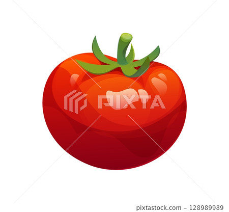 Cartoon raw ripe tomato vegetable. Isolated vector farm veggie plant with a vivid red surface and green stem, representing healthy food, organic farming, vegetarian cuisine, or culinary ingredient 128989989