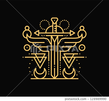 Esoteric line symbol for magic Tarot cards and mystic Boho tattoo, vector occult sign. Esoteric symbol of magic sword with celestial planets constellation and crescent moon signs for occult witchcraft Esoteric line symbol for magic Tarot cards and mystic Boho tattoo, vector occult sign. Esoteric symbol of magic sword with celestial planets constellation and crescent moon signs for occult witchcraft 128989990