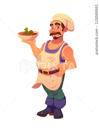 Pirate ship crew character or cartoon cheerful corsair cook, vector personage. Funny pirate cook or marine kitchen chef man in toque hat and apron with food dish and smile, Caribbean pirate character 128989991