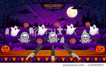 Halloween cemetery carnival shoot game, shooting range in amusement park. Cartoon vector entertainment booth with shotguns, haunted graveyard, spooky ghosts, skeletons and tombstones targets at night Halloween cemetery carnival shoot game, shooting range in amusement park. Cartoon vector entertainment booth with shotguns, haunted graveyard, spooky ghosts, skeletons and tombstones targets at night 128989993