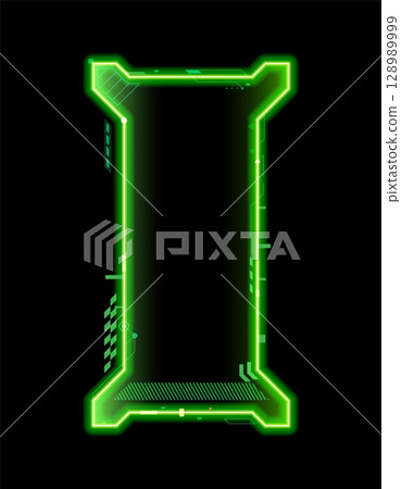 Neon frame for game asset and HUD interface overlay template, vector digital screen UI element. Neon frame for game GUI asset or HUD interface future tech control panel and display message box frame 128989999