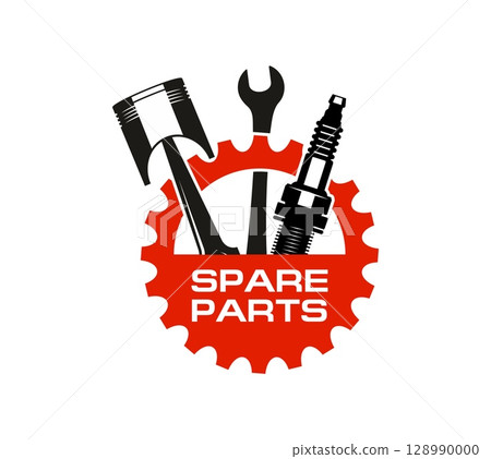 Car auto spare parts icon for automobile mechanic service station or store, vector sign. Car spare parts symbol of engine piston, spanner wrench and spark plug for automotive workshop and auto service 128990000