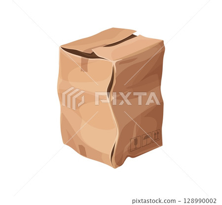 Delivery box deformed and broken, crushed and crumpled parcel package, vector damaged cardboard cargo. Crushed and ripped delivery box with torn and crumpled sides with shipping fragile goods signs 128990002