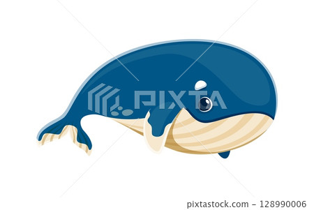 Cartoon whale character for kids mascot of sea animal or ocean fish, vector icon. Blue whale with cute funny face, underwater and undersea cartoon animal character with happy, cheerful or shy look 128990006