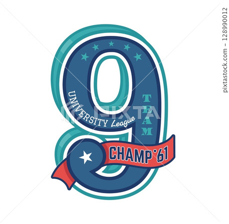 Varsity sport patch and league team badge with number 9 for university or college club, vector emblem. Varsity sport patch with number 9 nine, ribbon and stars for players club t shirt print or patch 128990012