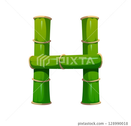 Garden bamboo plant font letter H. Garden and ecology font sign, Japan jungle bamboo branch isolated cartoon vector kids ABC type letter. Asian forest plant English alphabet typeset symbol 128990018