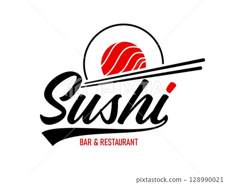 Japanese sushi restaurant icon for Asian cuisine bar, vector emblem. Sushi bar icon with chopsticks and fish roll maki in shape of Japan flag for authentic Japanese cuisine food sign Japanese sushi restaurant icon for Asian cuisine bar, vector emblem. Sushi bar icon with chopsticks and fish roll maki in shape of Japan flag for authentic Japanese cuisine food sign 128990021