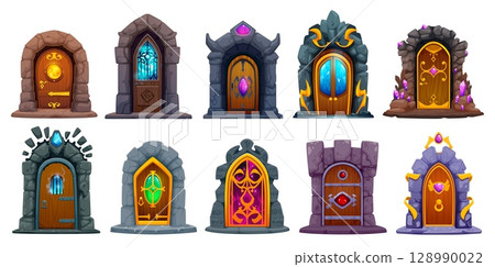 Fantasy magic portal doors and gates for game assets, vector cartoon teleports. Magic witchcraft game assets of Medieval doors and ancient portal gates or dungeon chamber gateways with mystic glow Fantasy magic portal doors and gates for game assets, vector cartoon teleports. Magic witchcraft game assets of Medieval doors and ancient portal gates or dungeon chamber gateways with mystic glow 128990022