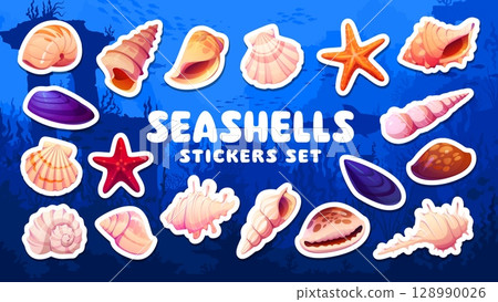 Cartoon seashells stickers pack of underwater scallops and pearl shells, vector set. Ocean seashells and sea shells stickers of starfish, conch or mussel and nautilus, cockle and clamshell mollusk Cartoon seashells stickers pack of underwater scallops and pearl shells, vector set. Ocean seashells and sea shells stickers of starfish, conch or mussel and nautilus, cockle and clamshell mollusk 128990026