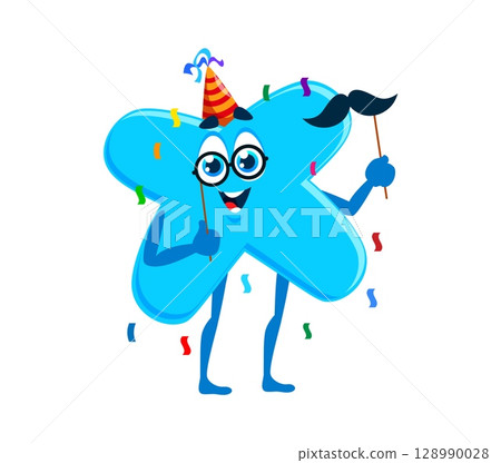 Math symbol in birthday hat for holiday celebration cartoon character, vector multiplication sign. Funny mathematical sign character with happy face, birthday cap and mustaches mask prop for party Math symbol in birthday hat for holiday celebration cartoon character, vector multiplication sign. Funny mathematical sign character with happy face, birthday cap and mustaches mask prop for party 128990028