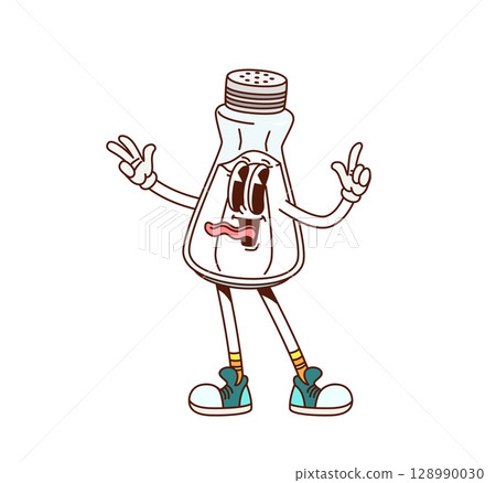 Groovy salt shaker character or kitchen spice seasoning, vector retro cartoon comic emoji. Funny groovy salt shaker bottle with funky silly face and freaky tongue out smile for kitchen spice character 128990030