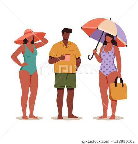 Group of people dressed for beach with umbrella and summer accessories vector illustration 128990102