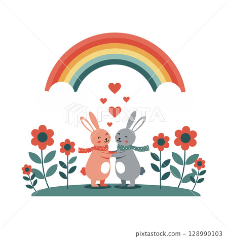 Two Cute Rabbits Hugging Under Rainbow with Red Flowers and Hearts Vector Illustration 128990103