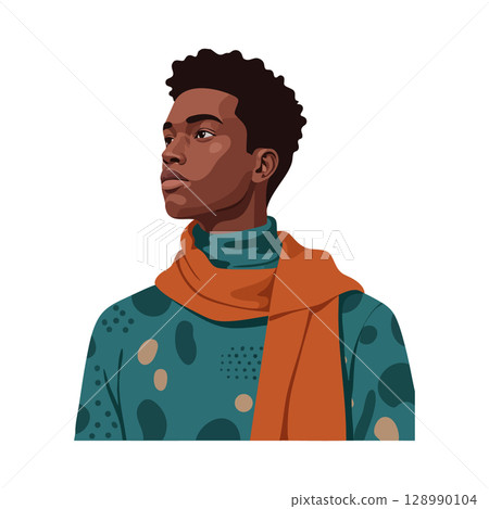 Young man wearing teal sweater and orange scarf looking sideways portrait vector illustration 128990104