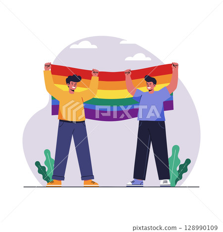 Two men holding rainbow flag celebrating LGBTQ pride and equality vector illustration 128990109