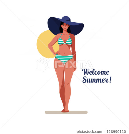 Woman in striped bikini and large blue hat with summer welcome text vector illustration 128990110