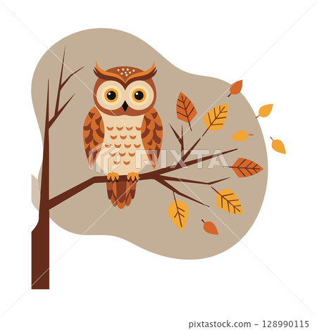 Owl perched on autumn tree branch with falling leaves vector illustration 128990115
