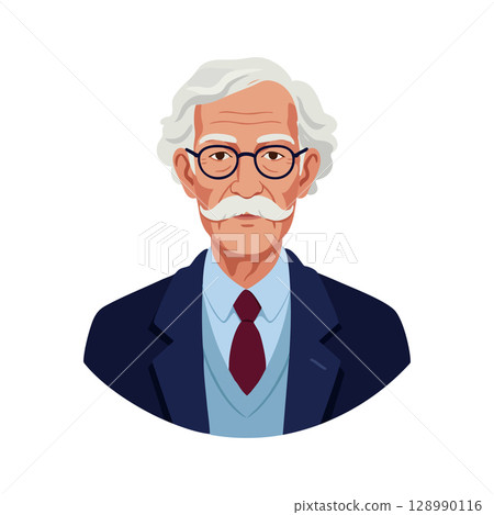 Elderly man with white hair and mustache wearing glasses and formal suit vector illustration Elderly man with white hair and mustache wearing glasses and formal suit vector illustration 128990116