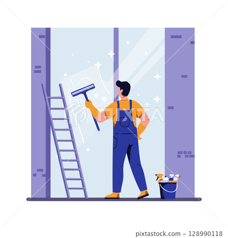 Window cleaner washing large glass pane with squeegee and bucket in urban setting 128990118