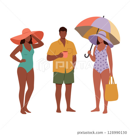 Group of people in summer swimwear with umbrella and coffee vector illustration 128990130