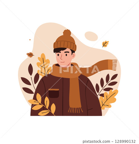 Young man wearing brown winter clothes with scarf and hat autumn leaves background vector illustration Young man wearing brown winter clothes with scarf and hat autumn leaves background vector illustration 128990132