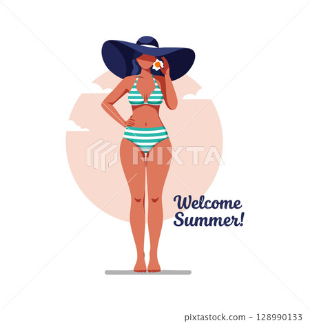 Woman in striped bikini with large navy hat holding flower summer welcome illustration 128990133